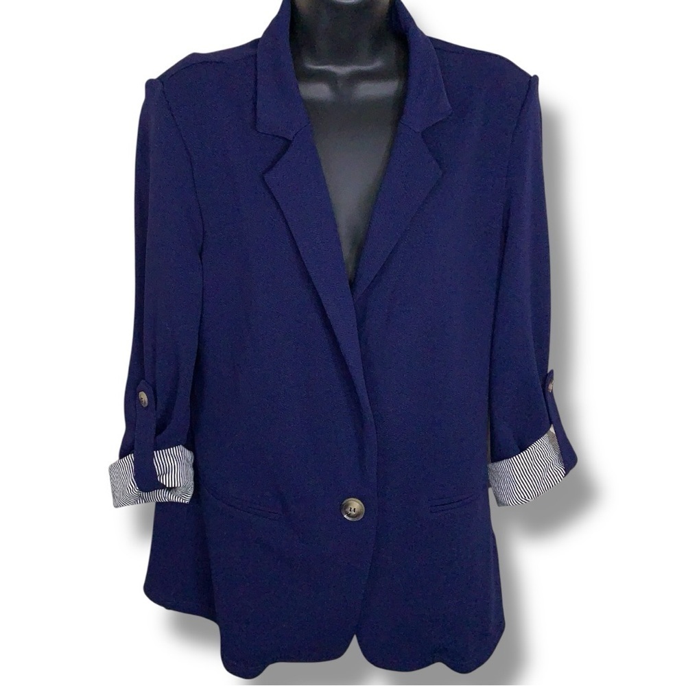 Size 6 Shein Blue Blazer Stretch White Striped Accent Roll Tab Sleeve